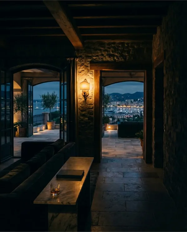 Galerie voûtée d'une villa la nuit, ouverte sur un port illuminé